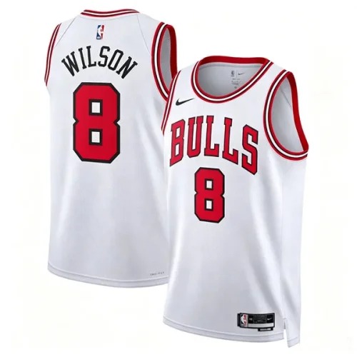 White Chicago Bulls jersey with BULLS across the chest and Wilson 8 on the front and back