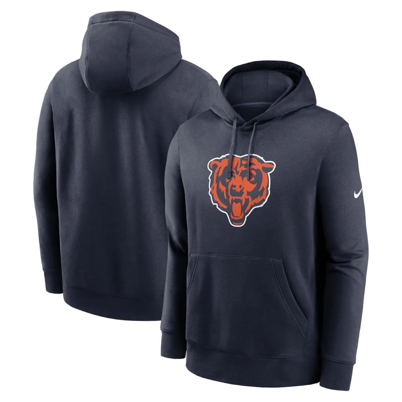Navy hoodie with a big orange bear head logo on the chest, shown from the front and back