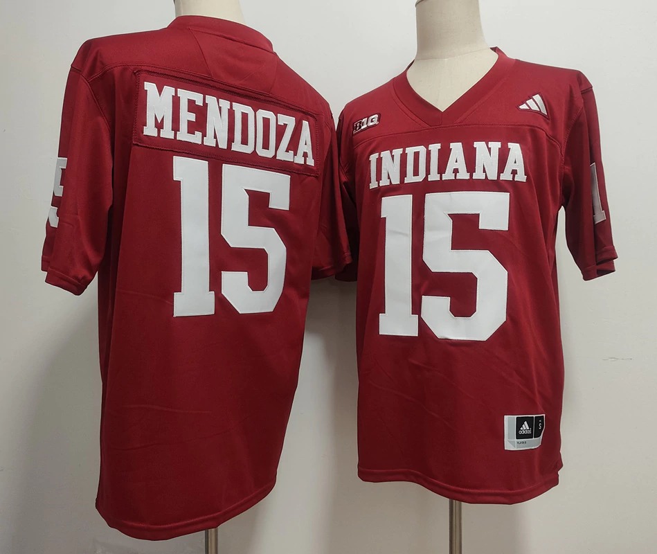 Crimson Indiana Hoosiers home football jersey with Indiana across the front and Fernando Mendoza 15 on the back