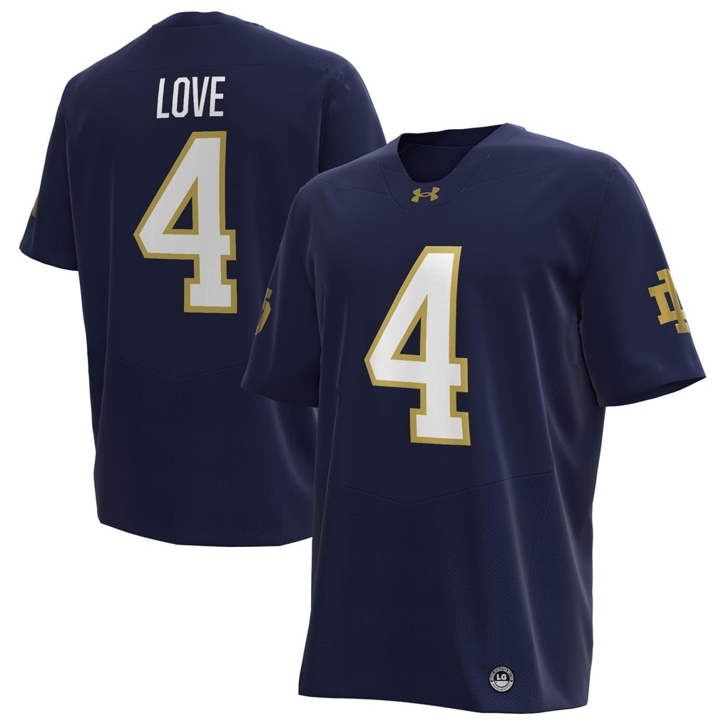 Navy Notre Dame Fighting Irish home football jersey with the interlocking ND logo on the front and Jeremiyah Love 4 on the back