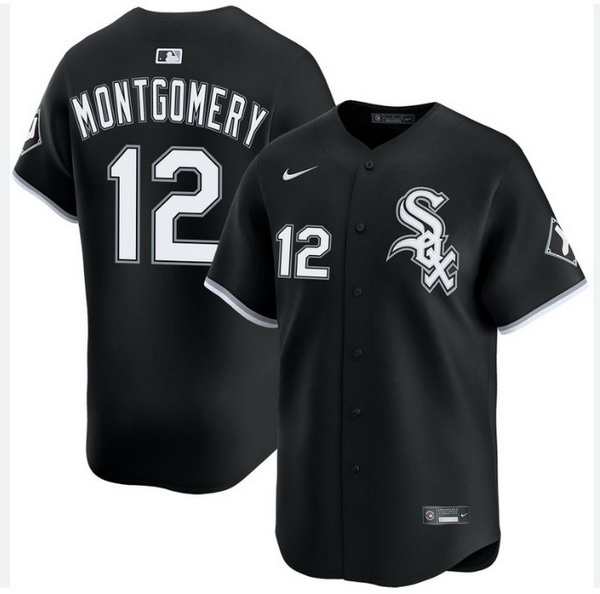 Black Chicago White Sox jersey with the Sox logo on the chest and Colson Montgomery 12 on the back