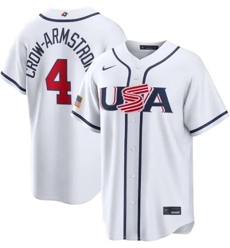 White Team USA baseball jersey with USA across the chest and Crow-Armstrong 4 on the back