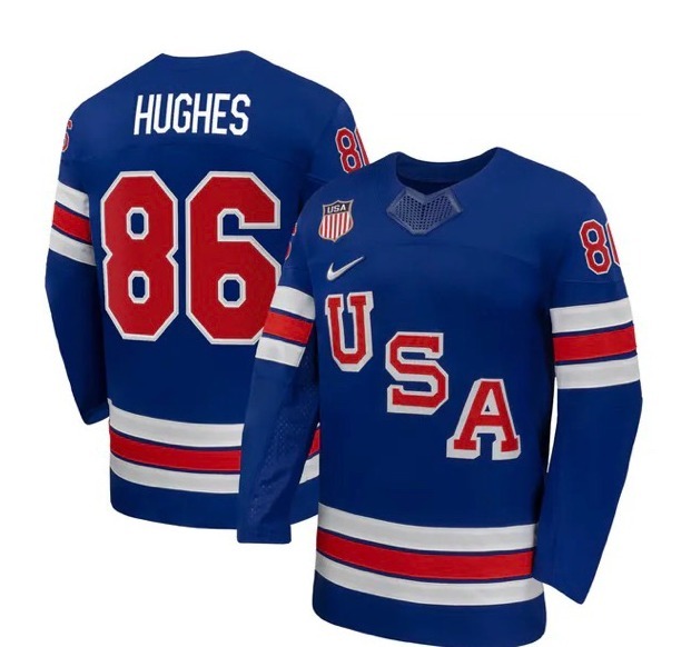 Royal blue Team USA hockey jersey with USA across the chest and Hughes 86 on the back