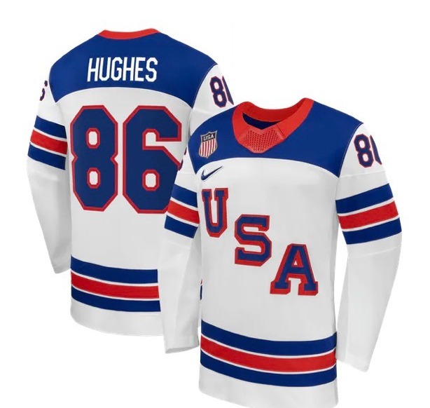 White Team USA hockey jersey with USA across the chest and Hughes 86 on the back